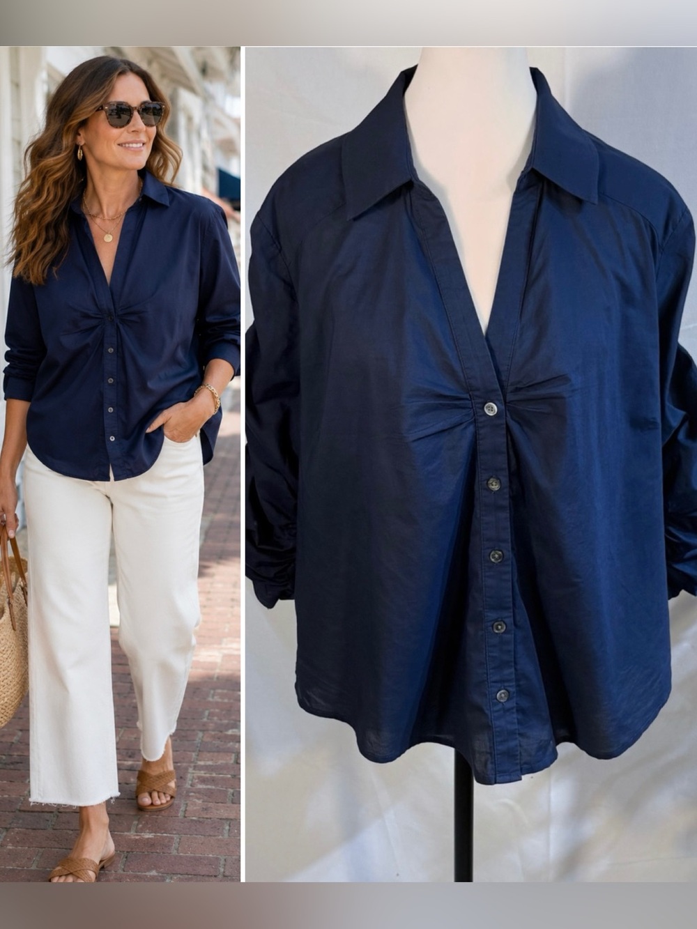 💥Veronica Beard Porta Cotton Shirred Button Down Shirt Navy Blue Sz XL🧡